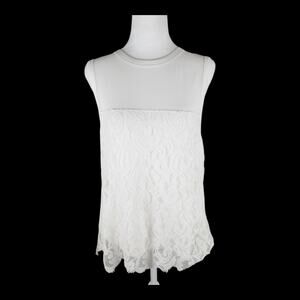 Forever 21 White, Sheer, Lace Overlay Floral Blouse Back-Zipper Women's M